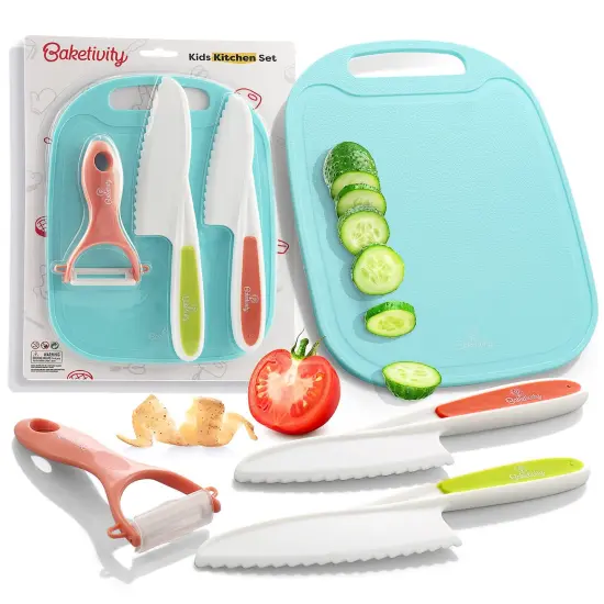 Baketivity Kid Safe Plastic Knives For Real Cooking With Cutting Board, Peeler For Kitchen - Knife Set With Blunt Tip, Dishwasher Safe, BPA Free Kids Knives For Cutting {1}