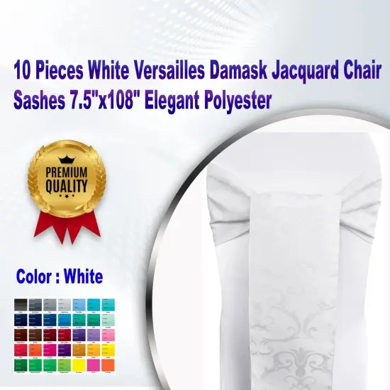 10 Pieces White Versailles Damask Jacquard Chair Sashes 7.5"x108" Elegant Polyester {1}