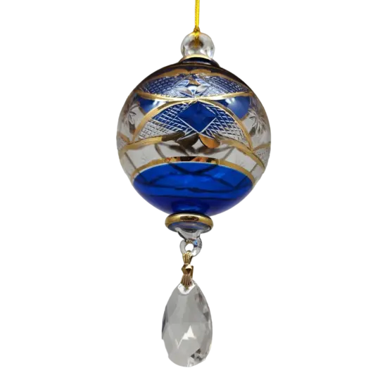 Etched Blown Glass Ball with Crystal Dangle - Blue {3}