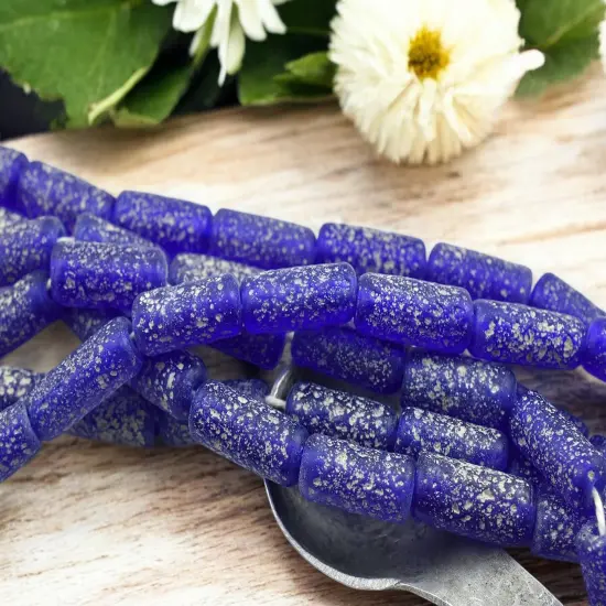10x25mm Matte Cobalt Blue Pompeii Tube Beads (18" Strand) - Indonesian Glass Beads {1}