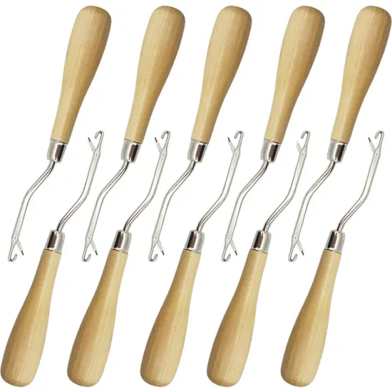 ROYHOO 10PCS Wooden Bent Latch Hook Tool Knitting Tool Needle Hook with Wood Handle for Crafts Carpet {1}
