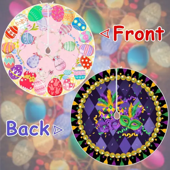 36 Inch Mardi Gras Tree Skirt Carnival Tree Skirt Easter Tree Skirt Double Sided Mat with Masquerade Mask Feather Easter Bunny Eggs Pattern Christmas Tree Skirt for Holiday Decoration (36") {3}