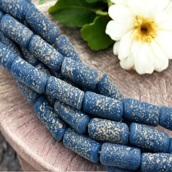 10x25mm Matte Pacific Blue Pompeii Tube Beads (18" Strand) - Indonesian Glass Beads {2}