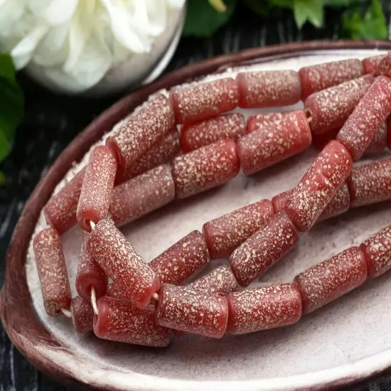 10x25mm Matte Ruby Red Pompeii Tube Beads (18" Strand) - Indonesian Glass Beads {2}