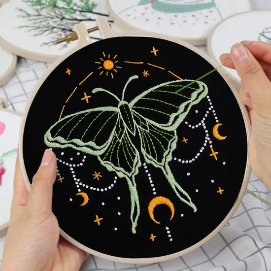 3 Sets Tarot Embroidery Kits for Beginners,Cross Stitch Kit for Adults,Crewel Starters Needlepoint with Moon, Butterfly, Bee and Moth Pattern and Tool {5}