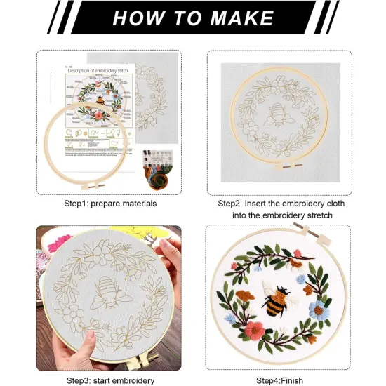 Embroidery Starter Kit for Beginners, 3 Sets Cross Stitch Kits for Adults, Include Embroidery Clothes with Cute Bees and Flowers Patterns, 1 Embroidery Hoop, Threads, Needles and Instruction {5}