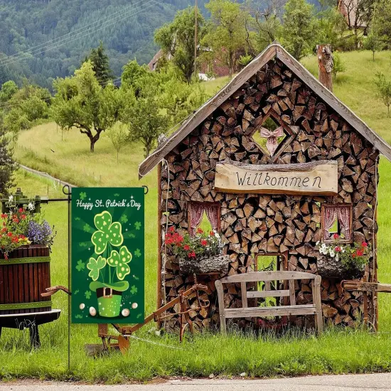 Happy St. Patrick's Day Garden Flag Shamrock Leprechaun Hat Decorative Irish Yard Flags Double Sided 12 x 18 Inch Saint Patrick's Day Lucky Day Outdoor Garden Lawn Farmhouse Decorations {4}