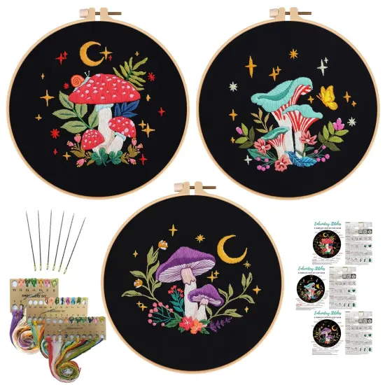 Nuberlic 3 Pack Embroidery Kit for Beginner Adults, Stamped Cross Stitch with Mushroom Patterns Include 3 Hoop, Cloth Thread Needles and Instructions {1}