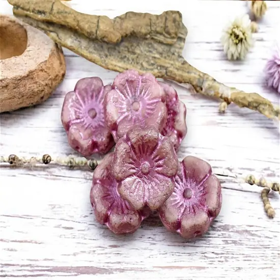 *12* 12mm Gold Lustered Metallic Pink Etched Pink Hawaiian Flower Beads {3}