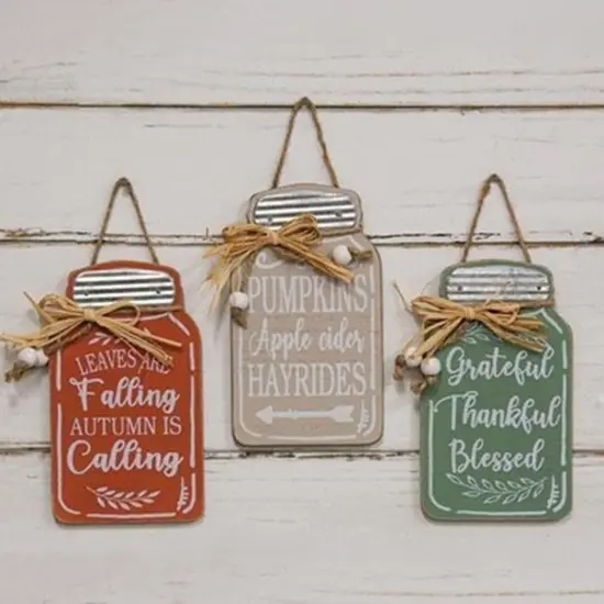 Autumn Wooden Ornaments with Raffia Bows and Jute Hangers for Rustic Home Decor 3 Asstd. {2}