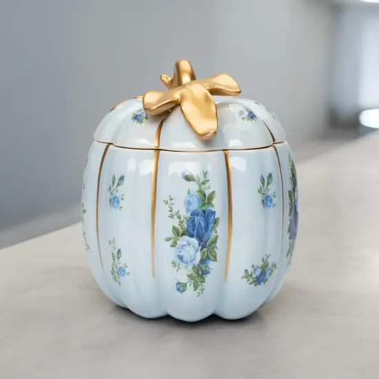 Ceramic Victorian Blue Pumpkin Candy Jar With Blue Roses Pattern, Kitchen Decor, Fall Decor, Gift for Her, Gift for Mom {1}