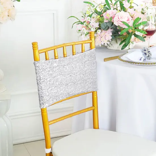 10 Pieces Sparkling Platinum Light Silver Sequin Spandex Chair Bands 7 x 13 Inches {2}
