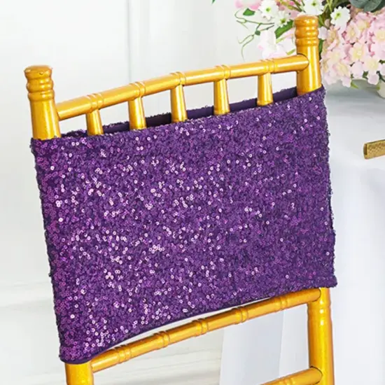 10 Pieces Elegant Eggplant Sequin Stretch Spandex Chair Bands 7 x 13 Inches {4}
