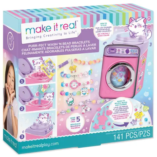 Make It Real: Purr-fect Wash 'N Bead Bracelets - 141pc, DIY Jewelry Craft Kit, Design-Make 5 Charm Bracelets, Spin To Style, Bead Cleaning, Kids 8+ {1}