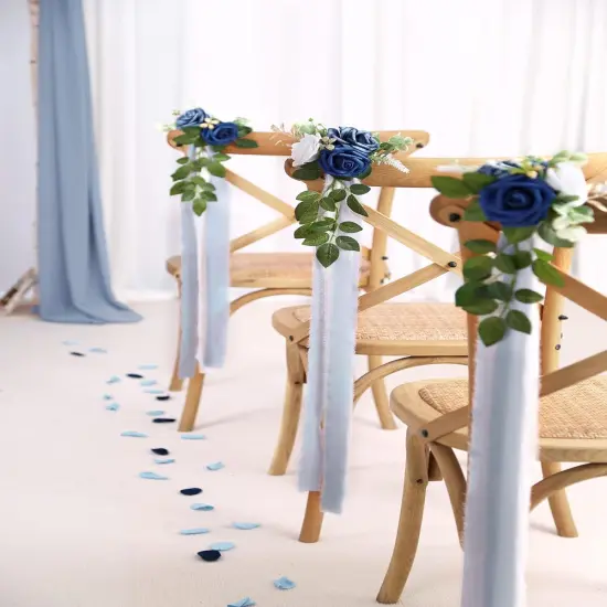 Chair Decorations Party Decor with Artificial Flowers Eucalyptus and Ribbons Blue {3}