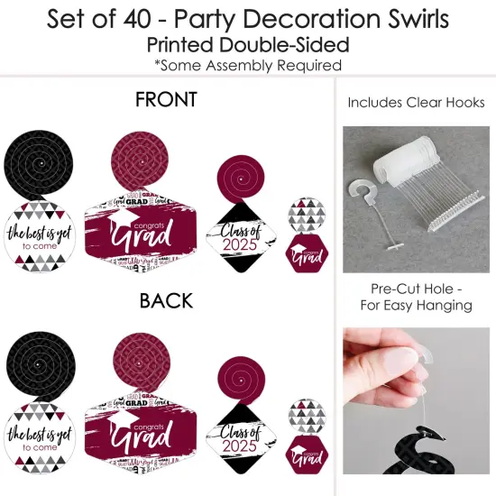 Big Dot of Happiness Maroon Graduation Class of 2025 Decorations Hanging Swirls - Set of 40 {7}