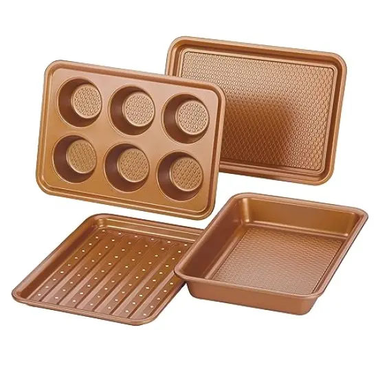 4 Piece Nonstick Bakeware Toaster Oven Set with Nonstick Baking Pan, Cookie Sheet / Baking Sheet and Muffin Pan / Cupcake Pan - , Copper Brown {1}