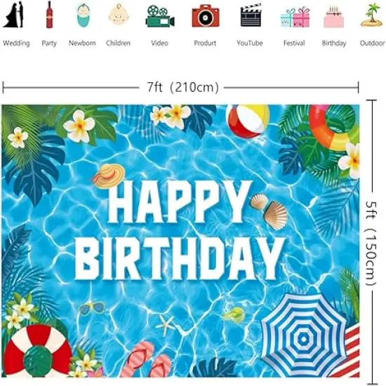 Pool Happy Birthday Photography Background Summer Pool Party Banner Tropical Swimming Hawaiian Theme Photo Decorations Backdrop (7x5FT) {4}