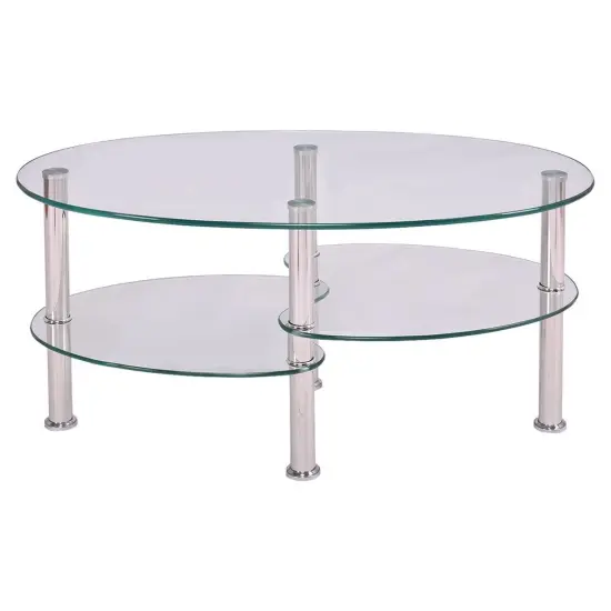 Modern Clear Tempered Glass Coffee Table with Oval Shape and Two Bottom Storage Shelves {5}