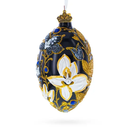 Black and Gold Floral with Jewel Accents Glass Egg Ornament 4 Inches {1}