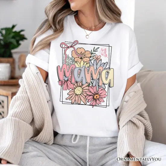 Floral Mama Coquette Bow Pastel T-Shirt, White and Natural Boho Tee With Spring Flower {2}