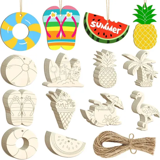 80PCS Wooden Summer Ornaments to Paint, 10 Styles DIY Blank Unfinished Wood Beach Cutouts Ornament for Crafts Hanging Decorations {1}