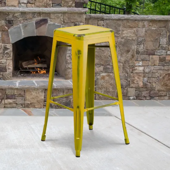 Emma and Oliver Commercial Grade 4 Pack 30" High Backless Distressed Metal Indoor-Outdoor Barstool Yellow {1}