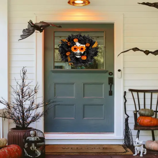 20&rdquo; Black Maple Leaves Wreath with Pumpkin Feather {2}