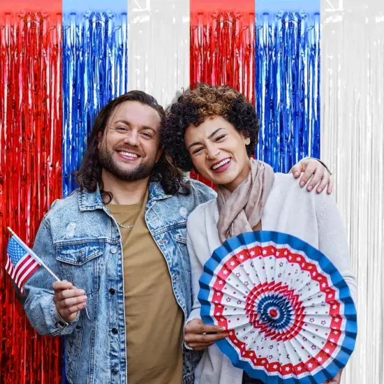 4 Pack Red Blue White Foil Fringe Curtain Backdrop, 3.28Ft x 6.56Ft Metallic Tinsel Foil Fringe Streamers Curtains for Photo Booth, Wedding, Mardi Gras, Birthday, Independence Day Party Decoration {4}