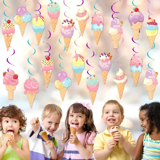 58Pcs Ice Cream Party Hanging Swirls Ice Cream Birthday Party Decoration Summer Creams Theme Ceiling Streamers Colorful Swirl Dessert Cone Streamers {4}