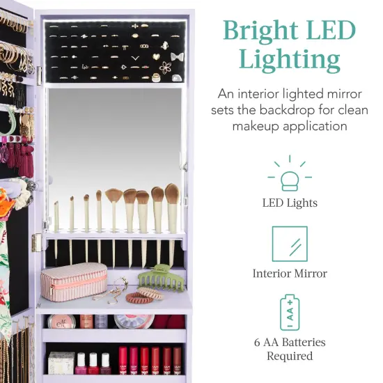 Best Choice Products Hanging Mirror Jewelry Armoire, Door or Wall Mounted Cabinet w/ LED Lights, Lock Lavender {3}