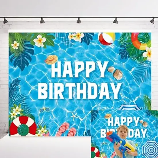 Pool Happy Birthday Photography Background Summer Pool Party Banner Tropical Swimming Hawaiian Theme Photo Decorations Backdrop (7x5FT) {1}