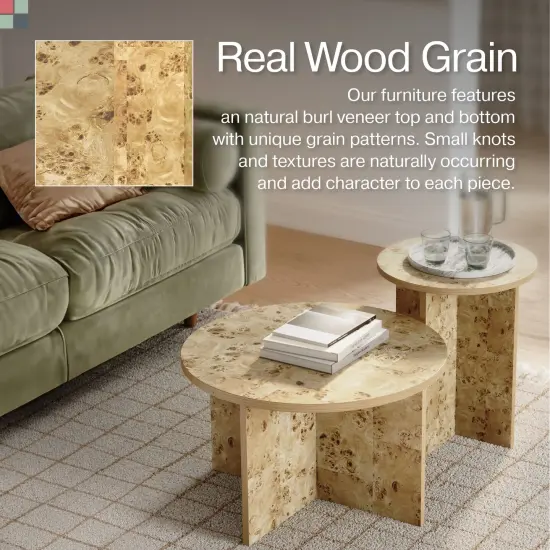 Burl Wood Round Nesting Coffee Tables - Modern Living Room Furniture - Organic Modern Drink Desk - Stylish Home Decor - 2 Piece Tables Set - Burl Top and Base {6}