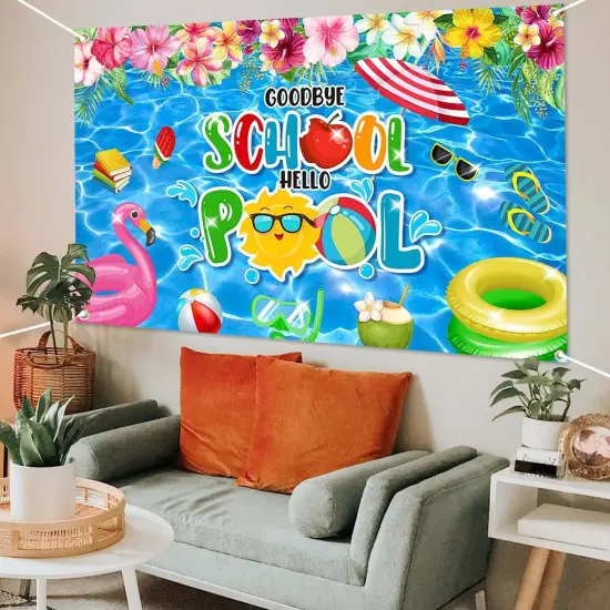 Goodbye School Hello Pool Banner Summer Pool Splish Splash Tropical Floral Backdrop End of School Year Party Decorations Banner Photo Booth Props {4}