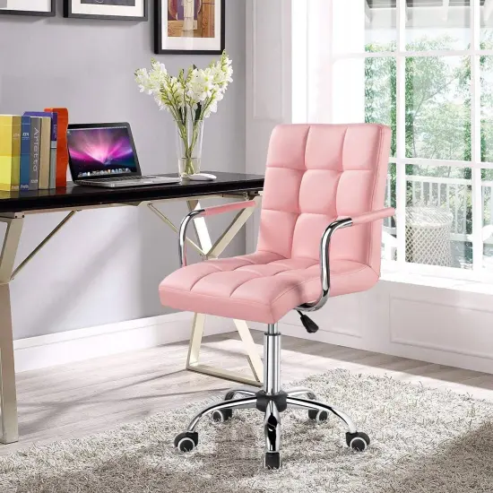 Faux Leather Adjustable Swivel Mid-Back Swivel Office Chair with Rolling Wheels Pink {2}