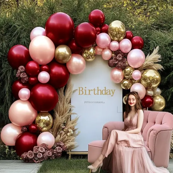 Burgundy Pink Balloon Garland - Double Stuffed Ruby Red Pearl Pink Gold Balloon Arch Kit Wine Red Maroon Metallic Balloons for Birthday Baby Bridal Shower Mother's Day Engagement Wedding Party Decor {5}
