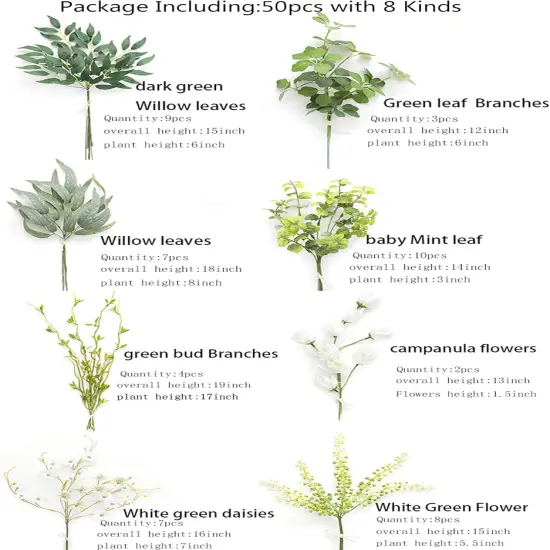 Artificial Greenery Spray Box Set(Pack of 50pcs) with 8 Kinds of DIY Wedding Bouquet Filler Table Centerpieces and Floral Arrangement (Spring Green) {3}