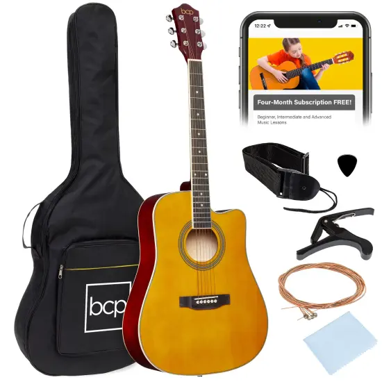 Best Choice Products 41in Full Size Beginner Acoustic Guitar Set with Case, Strap, Capo, Strings Aged Natural {1}
