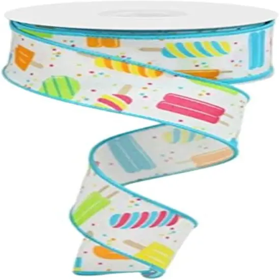 Popsicle Print Wired Edge Ribbon for Summer Bows, Wreaths, Gift Wrap, Crafts, and Decorations (1.5 Inches Wide x 10 Yards - White, Pink, Orange, Yellow, Multi - Royal Burlap) {1}