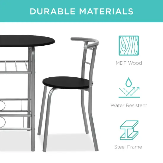 Best Choice Products 3-Piece Wood Dining Room Round Table & Chairs Set w/ Steel Frame, Built-In Wine Rack Black/Silver {5}