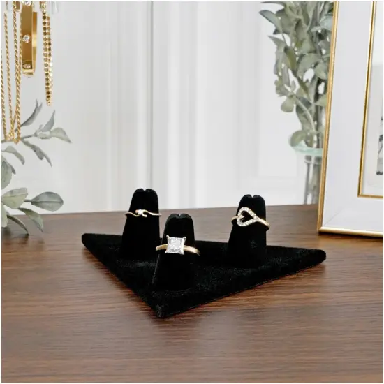 Plymor Black Velvet Ring Finger Display, Three on Triangular Base, 5" W x 3.25" D x 1.625" H {4}