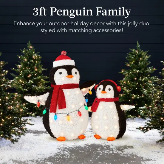 Best Choice Products 2-Piece Lighted 3ft Pop-Up Penguin Family Outdoor Christmas Decoration w/ 150 LED Lights Red {3}