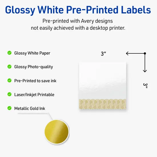 Avery Printable Square Labels with Sure Feed Technology, Pre-Printed Gold Lace Trim Pattern, Glossy White, 3" x 3", Laser & Inkjet Compatible, 60 Total, Great for Branding, Marketing, and Events {2}