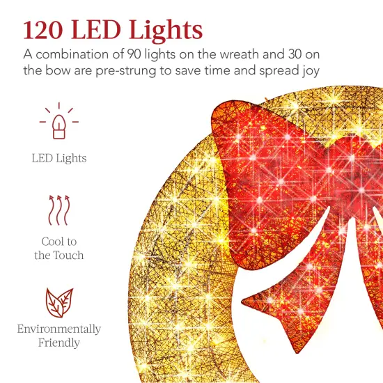 Best Choice Products 36in Pre-Lit Outdoor Christmas Wreath, LED Metal Holiday D&eacute;cor w/ 120 Lights, Bow Gold/Red {3}