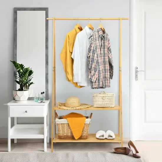 Natural Wicker Garment Rack with Shelves and Hanging Rod for Small Spaces {4}