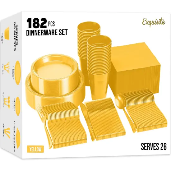 Exquisite 182 Pcs Plastic Plates for Party &ndash; Disposable Plates Set &ndash; 26 Each of 9" Dinner Plates, 7" Dessert Plates, Plastic Cups, Napkins & Plastic Cutlery &ndash; Plastic Dinnerware by Party Solids Yellow {1}