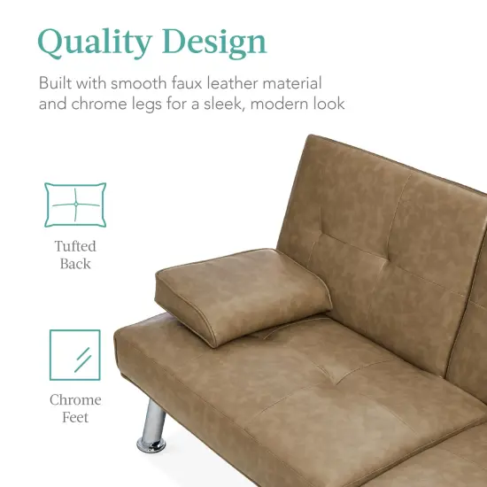 Best Choice Products Modern Faux Leather Convertible Futon Sofa w/ Removable Armrests, 2 Cupholders Taupe {5}