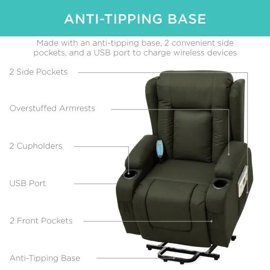 Best Choice Products Electric Power Lift Linen Recliner Massage Chair Furniture w/ USB Port, Heat, Cupholders Olive {5}