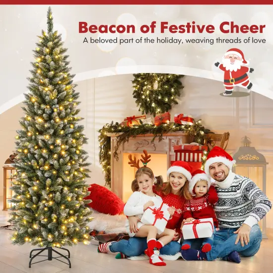 Costway 6FT/9FT Pre-Lit Christmas Tree Hinged Slim Pencil Xmas with 250/500 LED Lights {4}