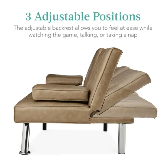 Best Choice Products Modern Faux Leather Convertible Futon Sofa w/ Removable Armrests, 2 Cupholders Taupe {2}